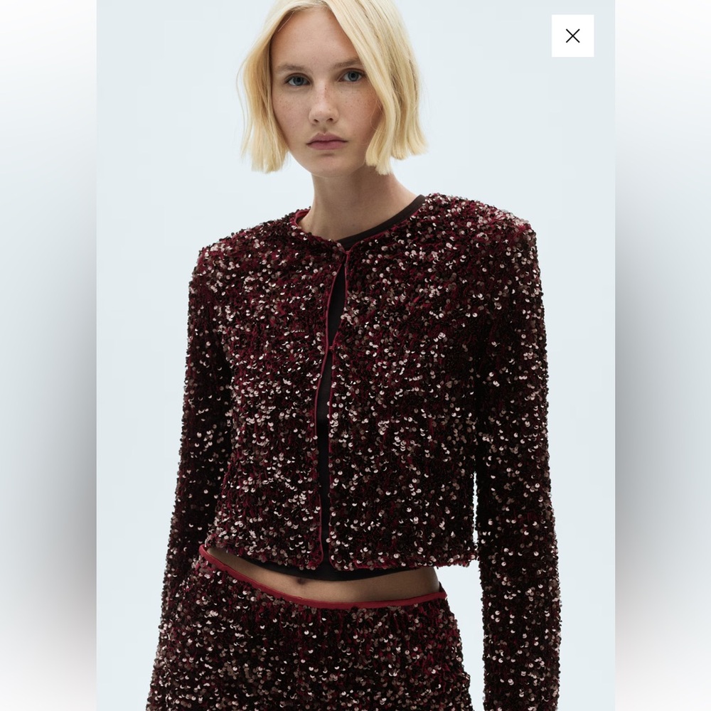 Mango Sequin Embellished Burgundy Jacket